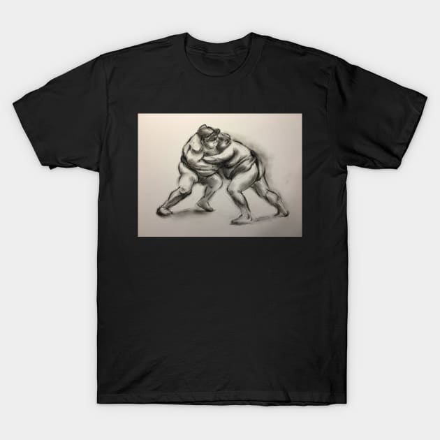 Sumo #1 - Sumo wrestlers charcoal drawing on paper T-Shirt by tranquilwaters